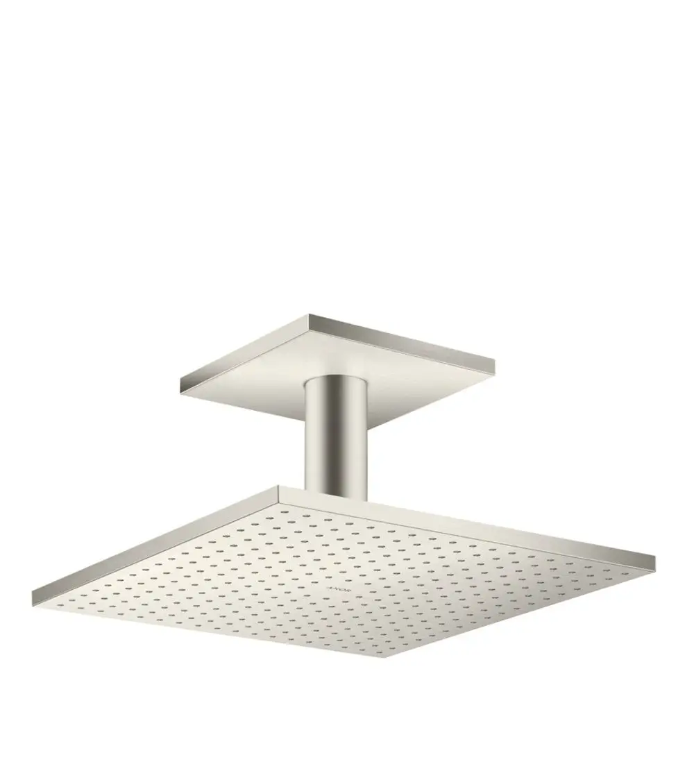 Kopfbrause mit quadratischem Design, Deckenanschluss und perforierter Oberfläche, gefertigt aus Edelstahl-Optik. AXOR ist auf der Oberfläche sichtbar.